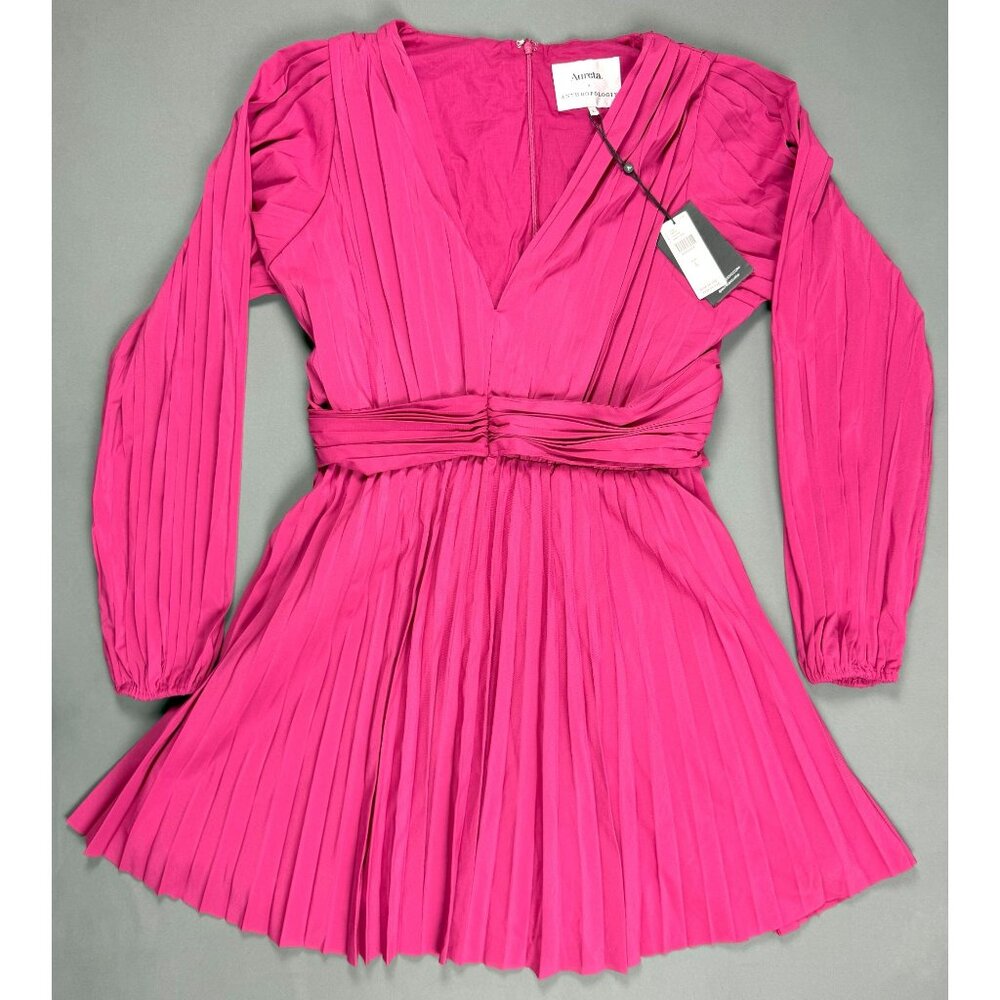 NWT Anthropology x Aureta Pleated Long-Sleeve V-Neck Dress Pink L - Picture 2 of 7